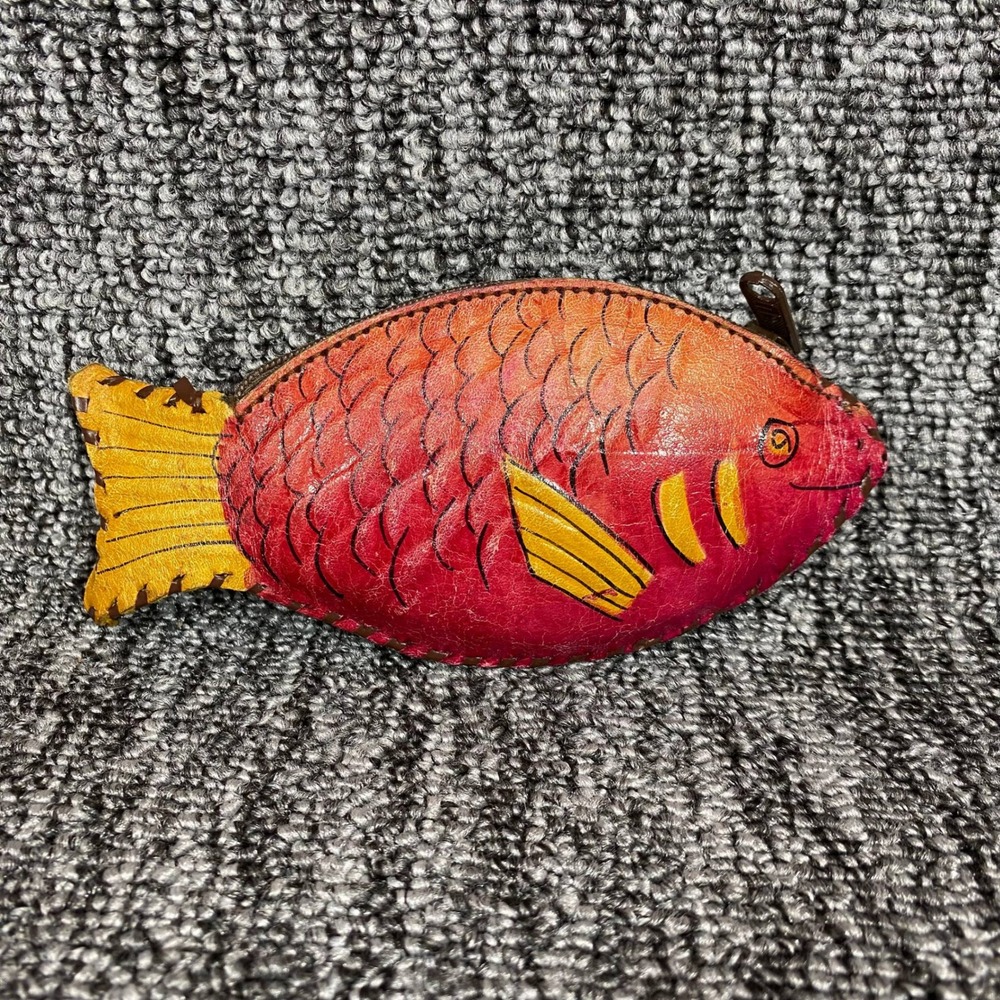 Handmade Fish Coin Pouch OS Red Yellow Leather Tooled Zip Tropical Novelty